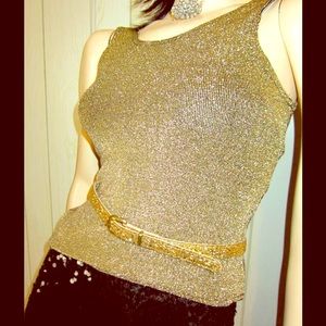 Sexy Disco Doll VTG 80s Gold Glitter Spandex Top